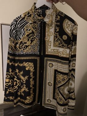 Versace Black, Gold & White Baroque-Print Button-Down Shirt